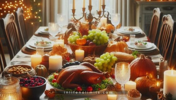 Thanksgiving table full of delicious dishes.