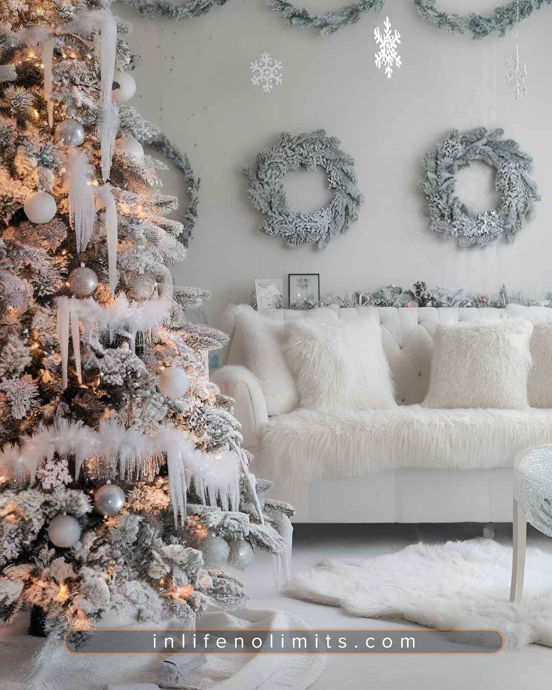 inlifenolimits-shoppingonabudget-12-jolly-christmas-decor-ideas-warm-cosy-white-room-with-christmas-tree-and-gold-tinsel-with-twinkle-lights-AMqbQpylX5ike8vM