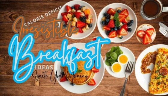 Brown wooden table set for breakfast with protein pancakes topped with berries, bowls of mixed berries, a plate with veggie omelette, and a bowl with boiled eggs, perfect for calorie deficit breakfast ideas