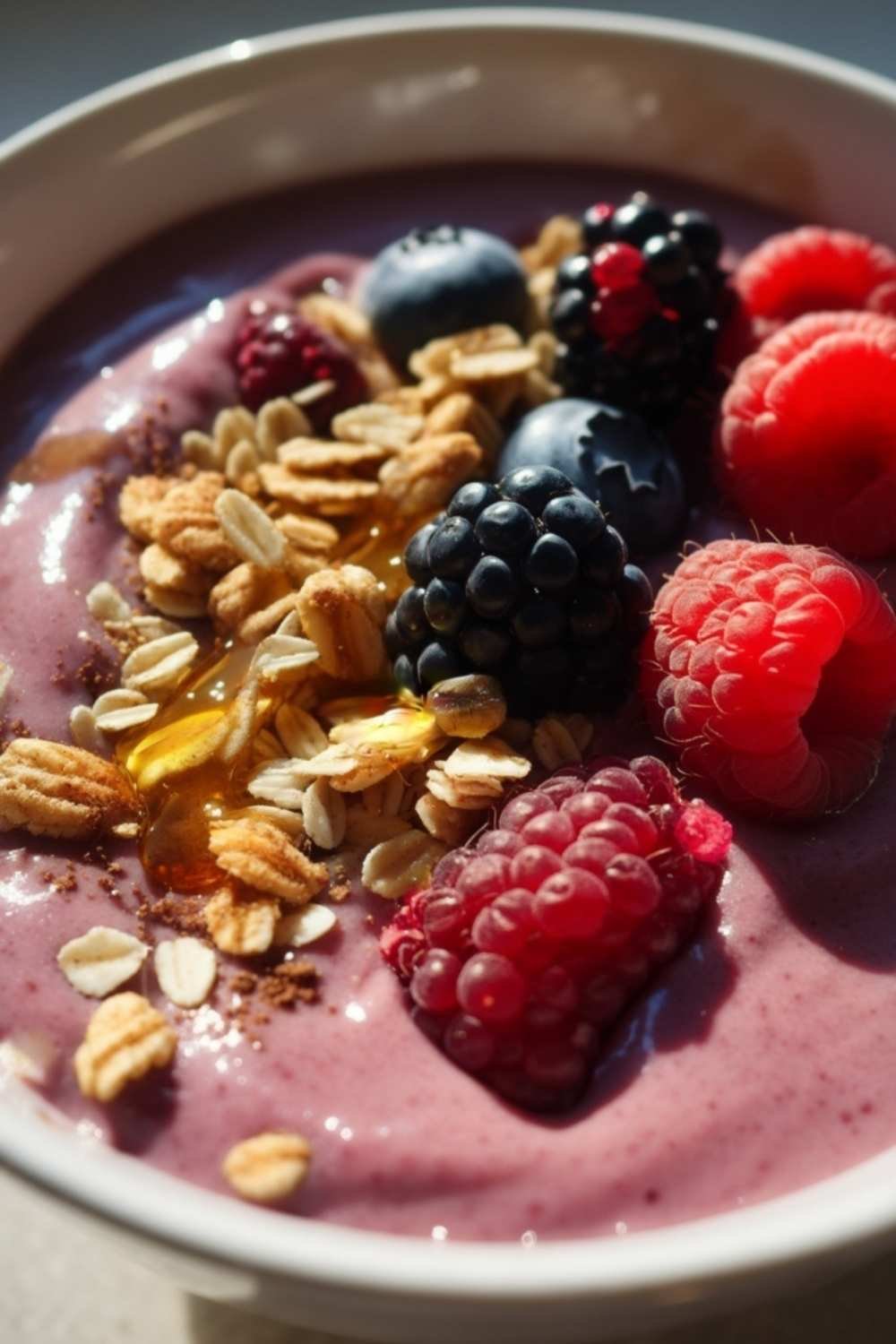 Nourish Your Body and Mind A smoothie bowl topped with assorted berries, granola, and a drizzle of honey.