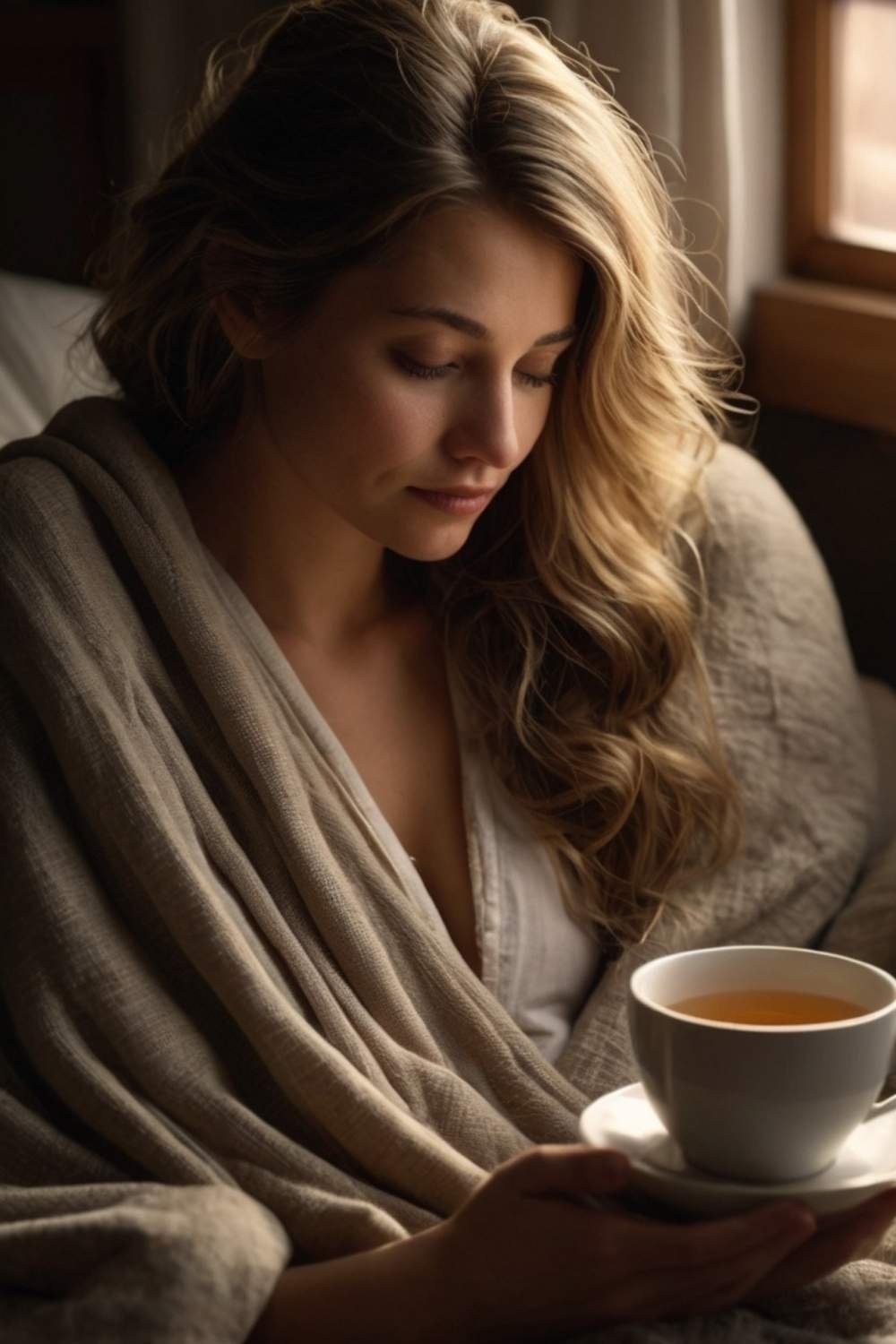 Start Your Day with Intention A person with long hair sits wrapped in a blanket, holding a cup of tea on a saucer, near a window with natural light.
