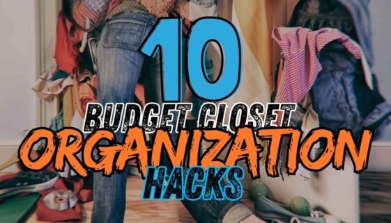 Person searching in a cluttered closet filled with clothes, a teddy bear, and a tennis racket, with various items scattered around the wooden floor, ideal for budget-closet-organization-ideas, showcasing the need for affordable and efficient closet organization solutions