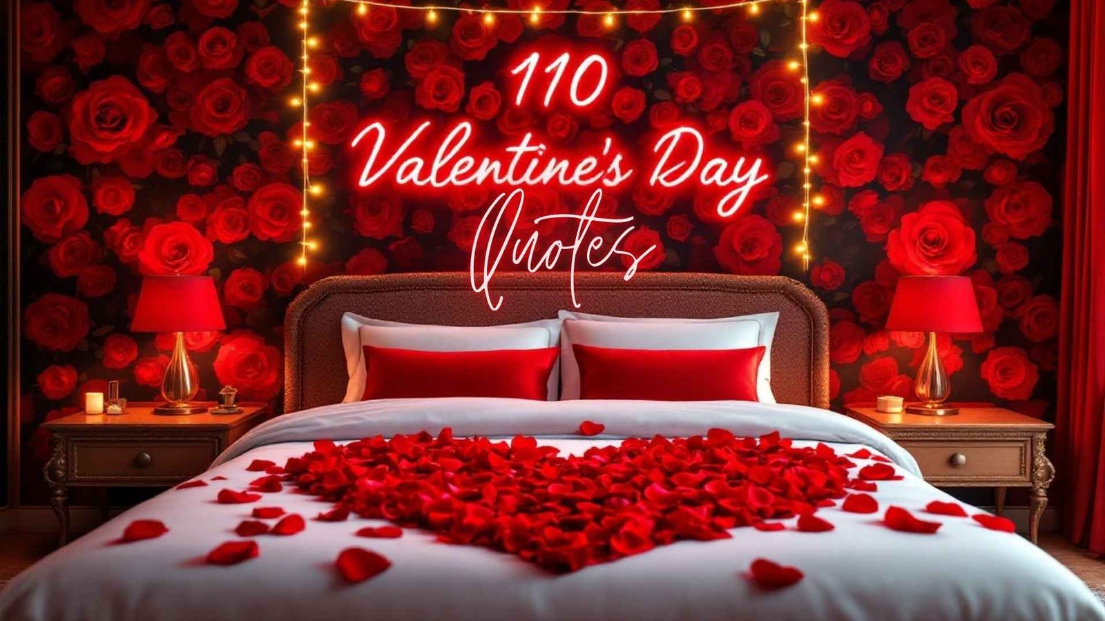 Romantic bedroom with heart-shaped red rose petals on bed, glowing '110 Valentine's Day Quotes' sign, perfect for Valentine's Day inspiration
